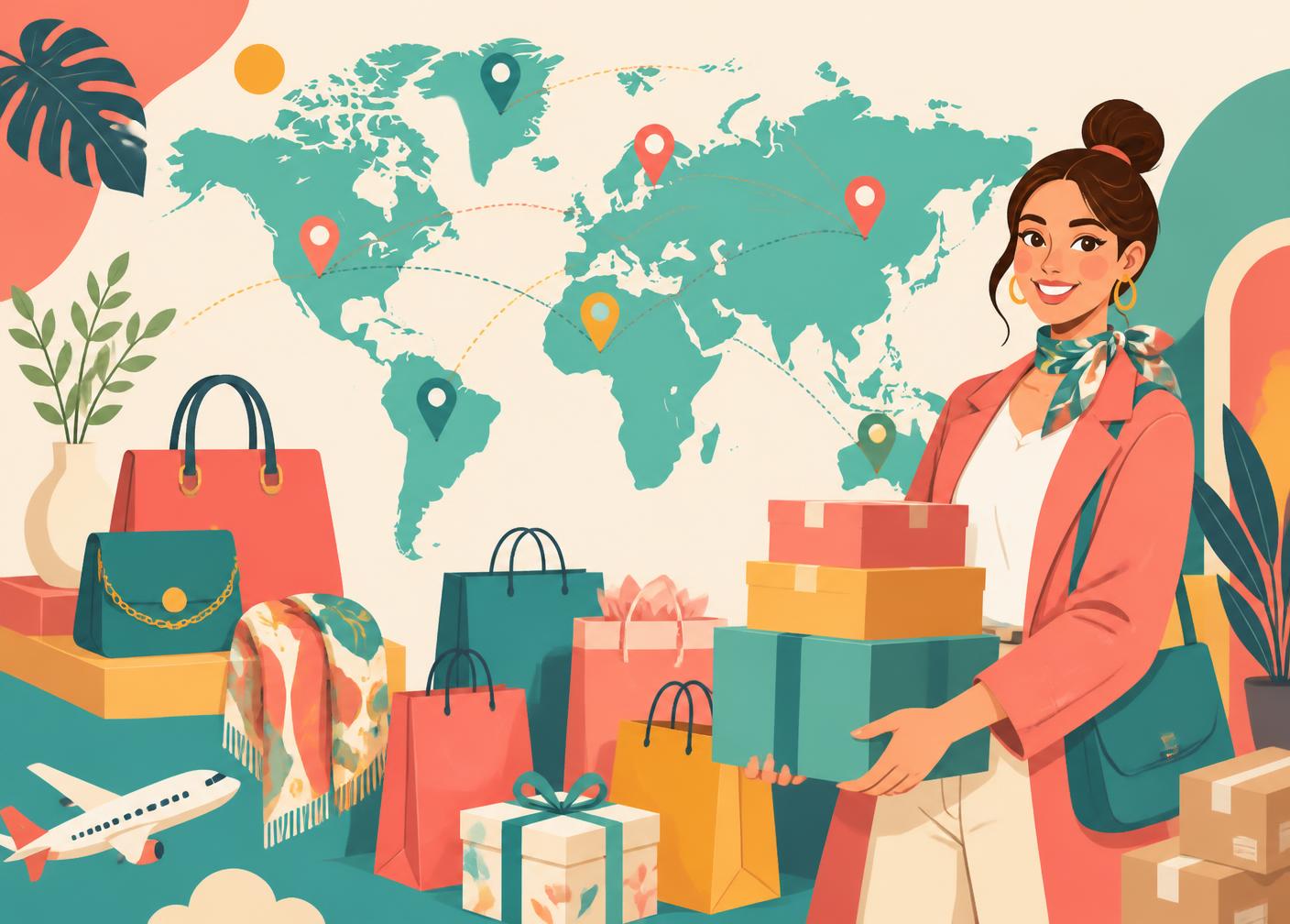 Personal buyer holding parcels in front of a world map with location pins